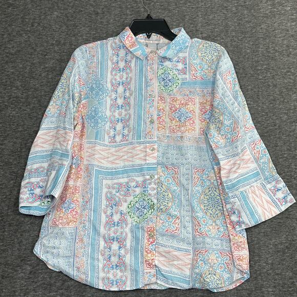 Chicos Size 1 Linen No Iron Blouse Coastal Tile Shirt Women Size 8 Bohemian - Picture 1 of 5